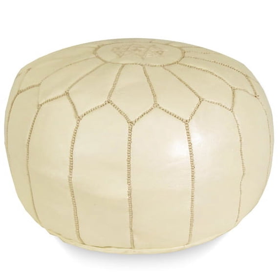 Ikram Design Stuffed Cream Moroccan Leather Pouf Ottoman, 20" Diameter and 13" Height