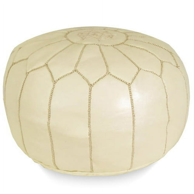 Ikram Design Stuffed Cream Moroccan Leather Pouf Ottoman, 20" Diameter and 13" Height