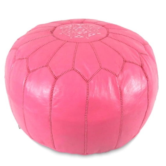 Ikram Design Stuffed Dark Pink Moroccan Leather Pouf Ottoman, 20" Diameter and 13" Height