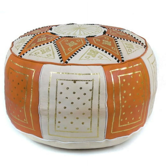 Ikram Design Stuffed Golden Orange / BeigeMoroccan Pouf Ottoman, 16" Diameter / 12" Height
