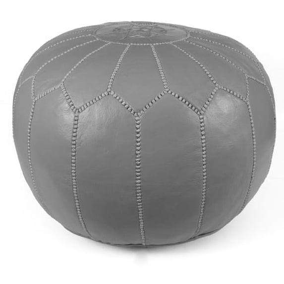 Ikram Design Stuffed Grey Moroccan Leather Pouf Ottoman, 20" Diameter and 13" Height