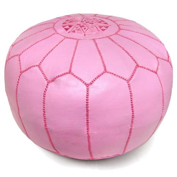 Ikram Design Stuffed Pink Moroccan Leather Pouf Ottoman, 20" Diameter and 13" Height