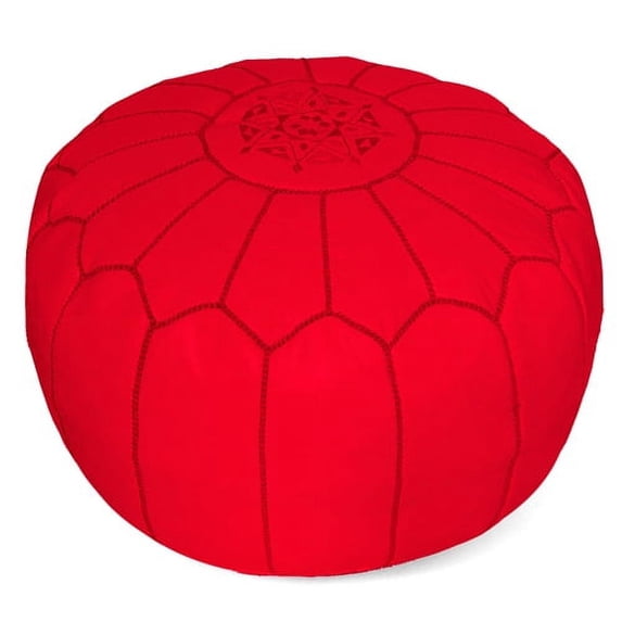 Ikram Design Stuffed Red Moroccan Leather Pouf Ottoman, 20" Diameter and 13" Height