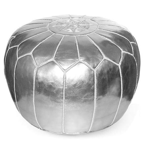 Ikram Design Stuffed Silver Moroccan Leather Pouf Ottoman, 20" Diameter and 13" Height