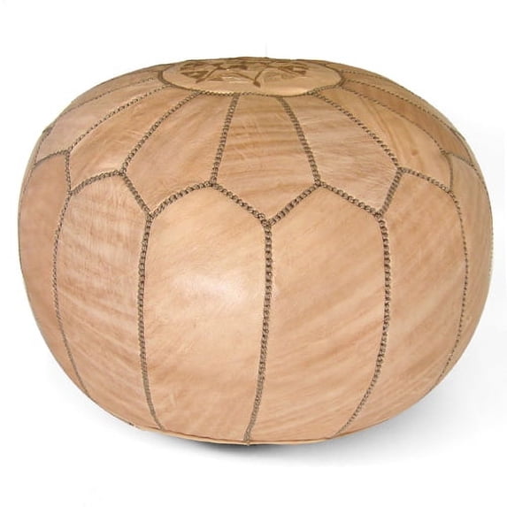 Ikram Design Stuffed Tan Moroccan Leather Pouf Ottoman, 20" Diameter and 13" Height