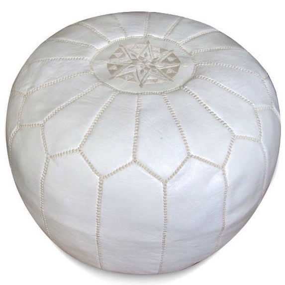 Ikram Design Stuffed White Moroccan Leather Pouf Ottoman, 20" Diameter and 13" Height