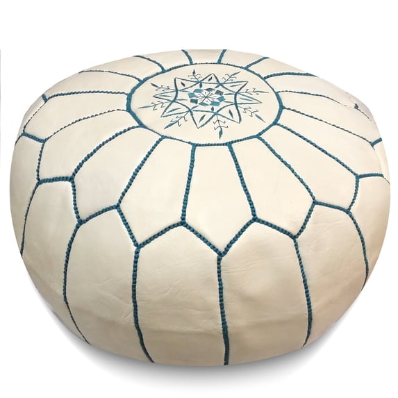 Ikram Design Stuffed White with Blue Stitching Moroccan Leather Pouf, 20" Diameter / 13" Height