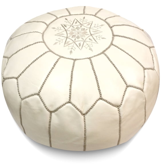 Ikram Design Stuffed White with Grey Stitching Moroccan Leather Pouf, 20" Diameter / 13" Height