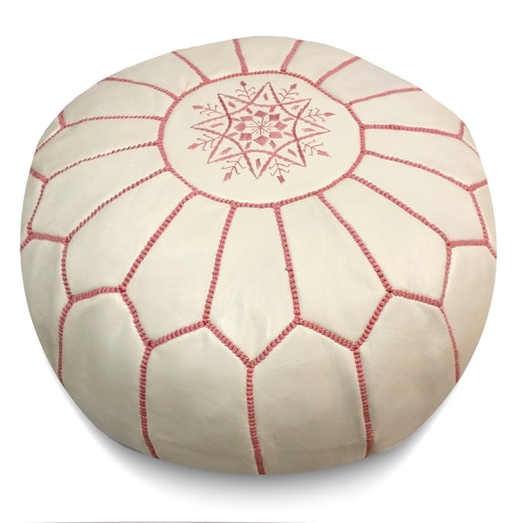 Ikram Design Stuffed White with Pink Stitching Moroccan Leather Pouf, 20" Diameter / 13" Height