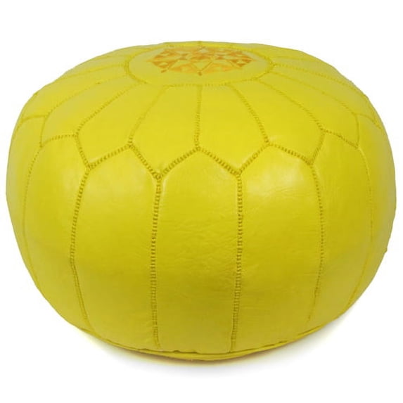 Ikram Design Stuffed Yellow Moroccan Leather Pouf Ottoman, 20" Diameter and 13" Height