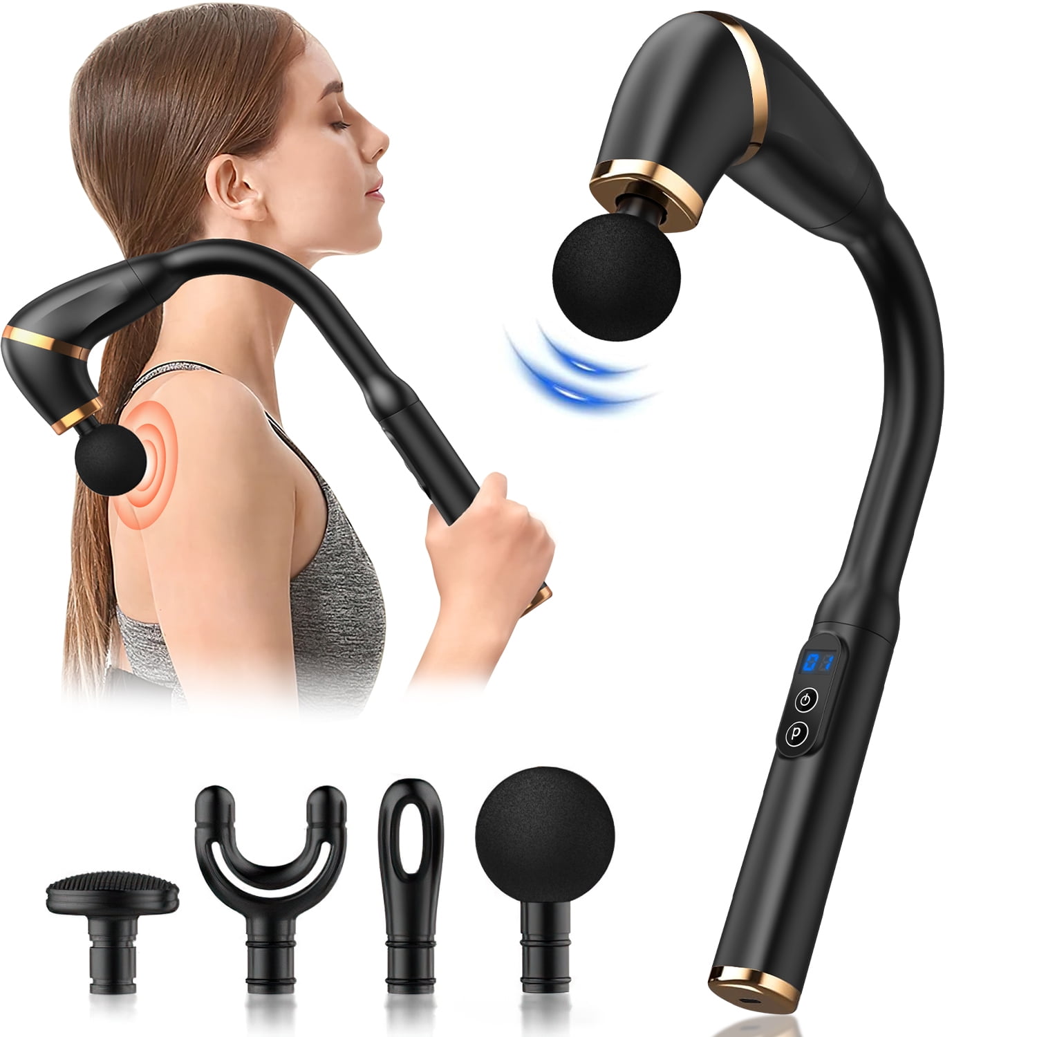 Ikristin U-Shaped Back Massage Gun with 5 Massage Heads for Neck, Shoulder, Relax Gift for Mom, Dad