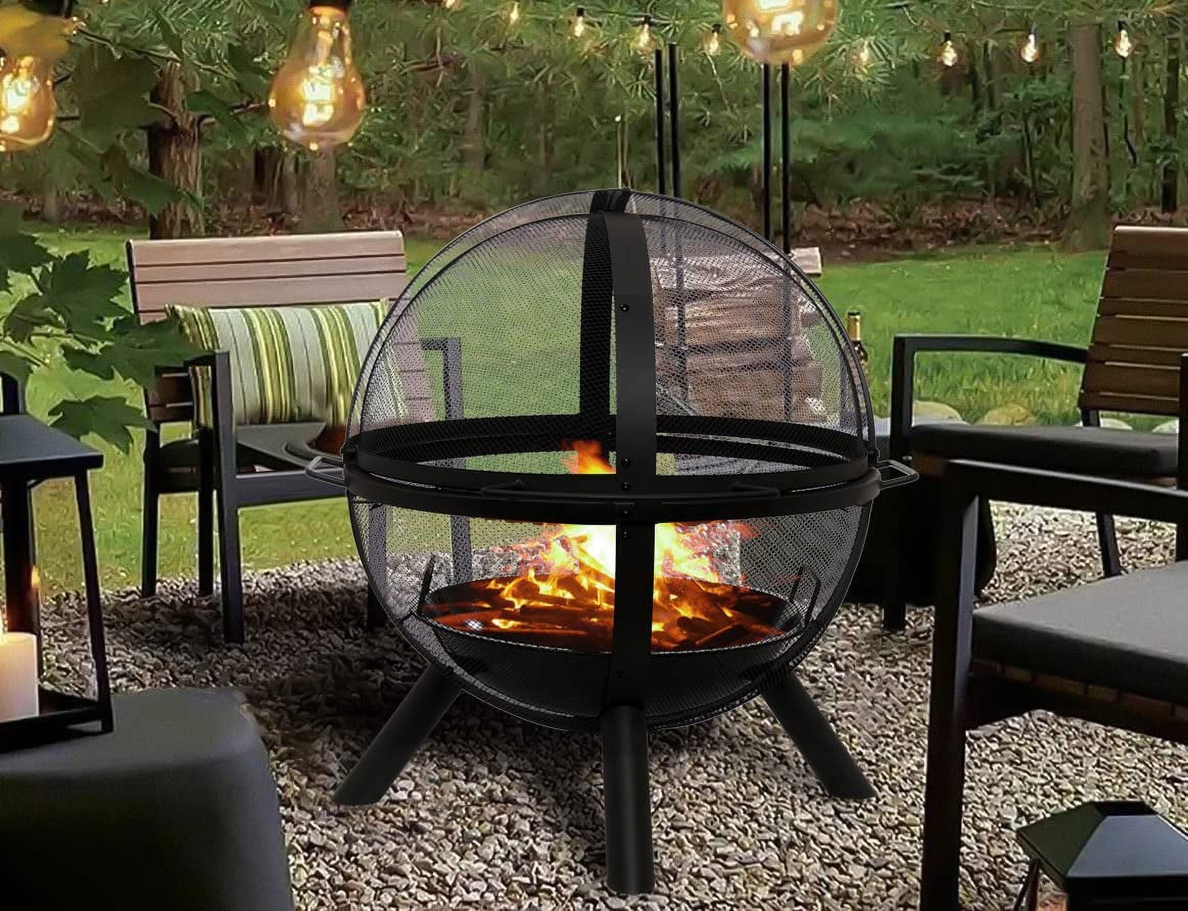 Large Black Steel Globe Fire Pit with BBQ Grill