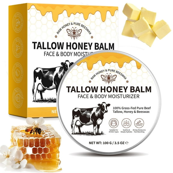 Ikzee 100% Grass-Fed Beef Tallow Honey Balm - All Skin Types, Dry & Aging Skin - Deep Hydration, Non-Greasy, Soothes & Protects - 3.5 oz