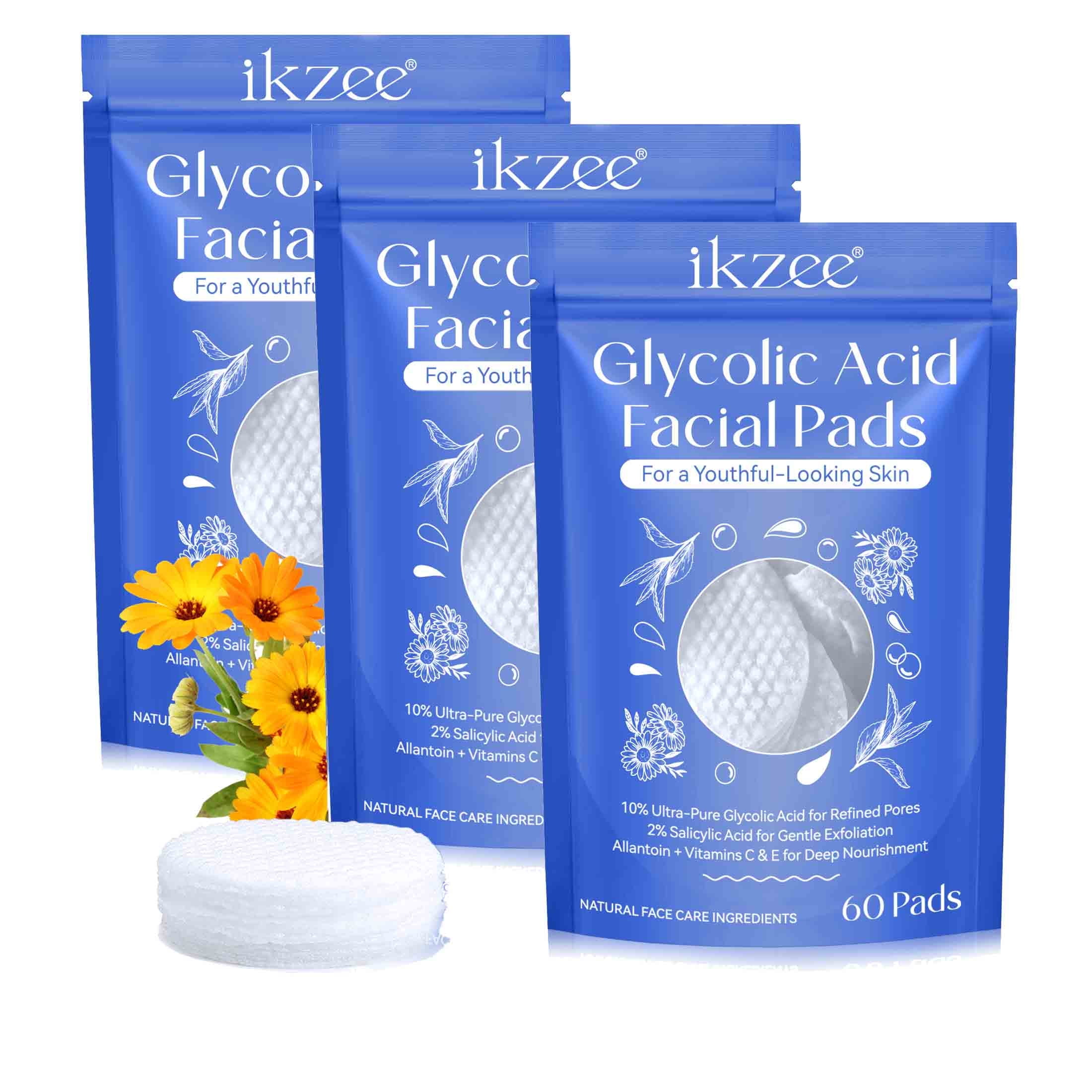 Ikzee 3-Pack Glycolic Acid Pads,Cleansing Pads for Face & Body with Vitamins B3, C & E,Anti-Aging Face Pads