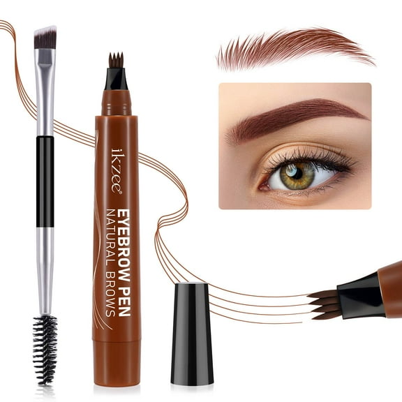 Ikzee 3D Eyebrow Pen, 4 Fork Tip Eyebrow for Natural Eyebrow, Hair Line, Beard Line, Waterproof & Sweat Resistant, Long-Lasting Makeup - Brown