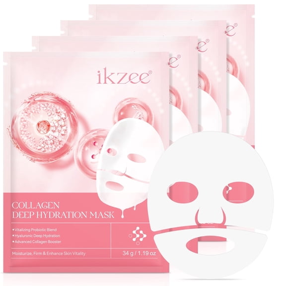 Ikzee Collagen Deep Hydration Mask,Anti-Aging Hydrating Face Mask for Moisturize, Firm & Enhance Skin Vitality(4 Pcs)