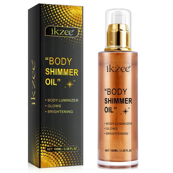 Ikzee Body Shimmer Oil, Golden Brown Face Body Luminizer 100ml,Shimmer Body Glitter Oil Highlighter Summer Glowing Makeup