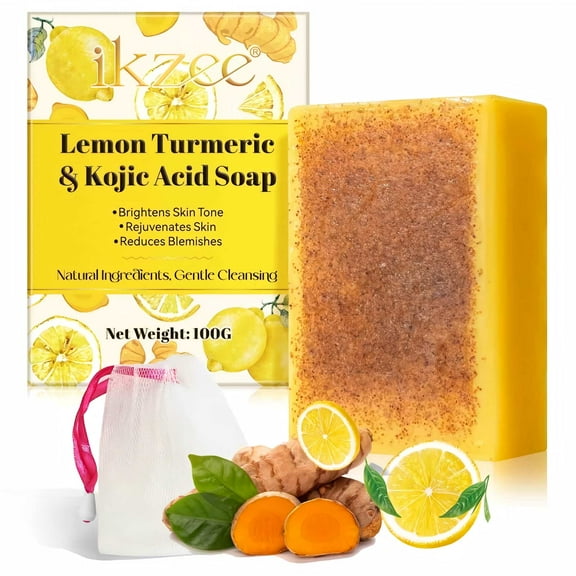 Ikzee Lemon Turmeric Kojic Acid Soap, Natural ingredients, Gentle cleansing, Clean Skin, with Foam Mesh Bags, 100g