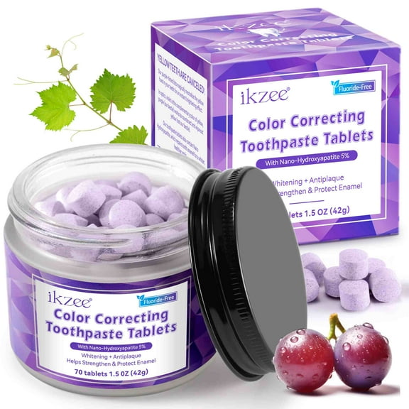 Ikzee Purple Brightening Toothpaste Tablet, Travel Mouthwash Tablets, Natural Peppermint, Fresh Breath , Chewable Tablet, 70PCS