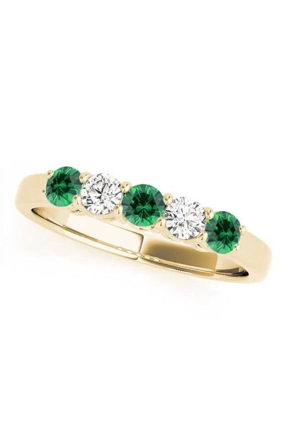 50633E-Y Green & White 5 Stones Wedding Band - 14k Yellow Gold