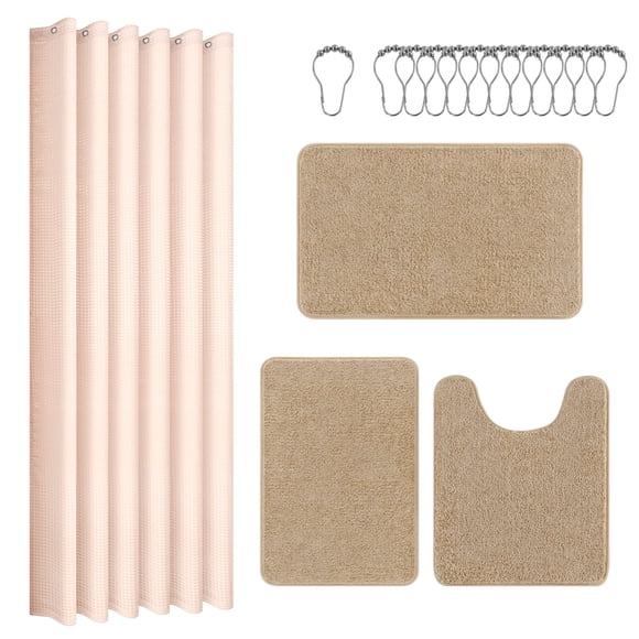 Ileading 16-Piece Beige Pink Shower Curtain with Beige Coffee Rug Sets, Waterproof Waffle Shower Curtain & Soft Non-Slip Bath Rugs with 12 Hooks, Bathroom Sets