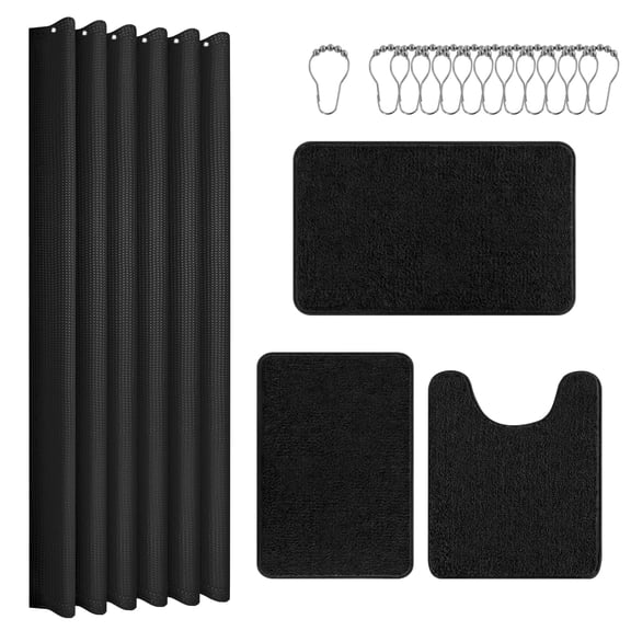 ‌Ileading 16-Piece Shower Curtain Set with Rugs, Waterproof Waffle Shower Curtain & Soft Non-Slip Bath Rugs with 12 Hooks, Black Bathroom Sets