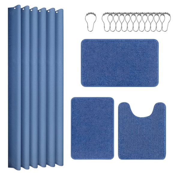 Ileading 16-Piece Shower Curtain Set with Rugs, Waterproof Waffle Shower Curtain & Soft Non-Slip Bath Rugs with 12 Hooks, Blue Bathroom Sets