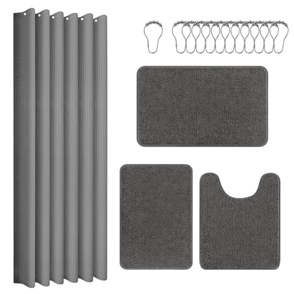 Ileading 16-Piece Shower Curtain Set with Rugs, Waterproof Waffle Shower Curtain & Soft Non-Slip Bath Rugs with 12 Hooks, Gray Bathroom Sets