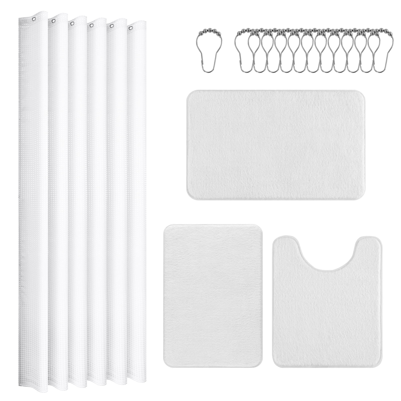‌Ileading 16-Piece Shower Curtain Set with Rugs, Waterproof Waffle Shower Curtain & Soft Non-Slip Bath Rugs with 12 Hooks, White Bathroom Sets