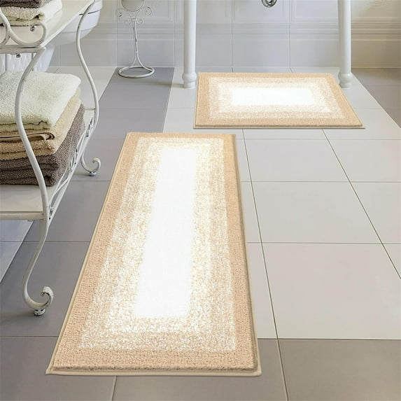 Ileading 2 Piece Bath Rug Set Microfiber Washable Non Slip Bathroom Rug and Mat Set, Beige