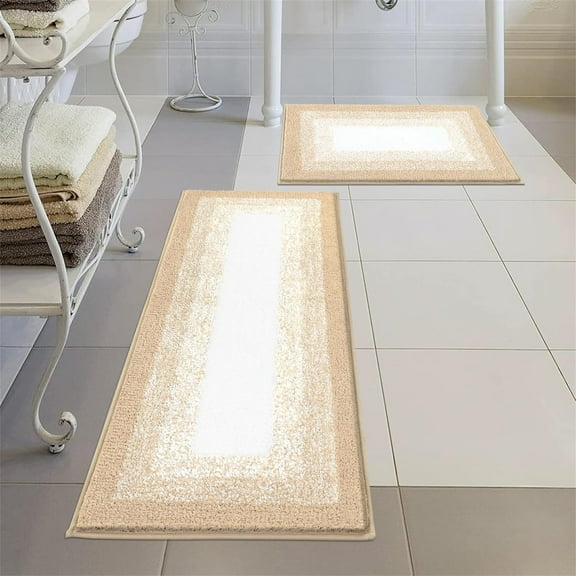 Ileading 2 Piece Bath Rug Set Microfiber Washable Non Slip Bathroom Rug and Mat Set, Beige