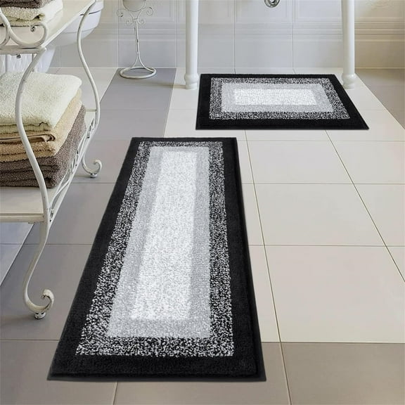 Ileading 2 Piece Bath Rug Set Microfiber Washable Non Slip Bathroom Rug and Mat Set, Black
