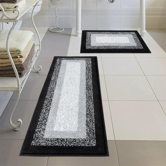 Ileading 2 Piece Bath Rug Set Microfiber Washable Non Slip Bathroom Rug and Mat Set, Black