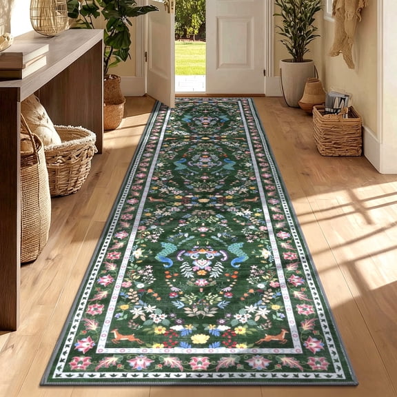 Ileading 2x8 Runner Rug for Hallway, Washable Kitchen Runner Rug with Non Slip Backing, Low Pile Soft Boho Floral Runner for Kitchen, Hallway, Entryway, Laundry, Bedroom