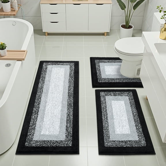 Ileading 3 Piece Bath Rug Set Microfiber Washable Non Slip Bathroom Rug and Mat Set, Black