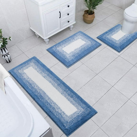 Ileading 3 Piece Bath Rug Set Microfiber Washable Non Slip Bathroom Rug and Mat Set, Blue