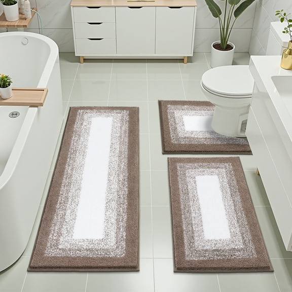 Ileading 3 Piece Bath Rug Set Microfiber Washable Non Slip Bathroom Rug and Mat Set, Coffee