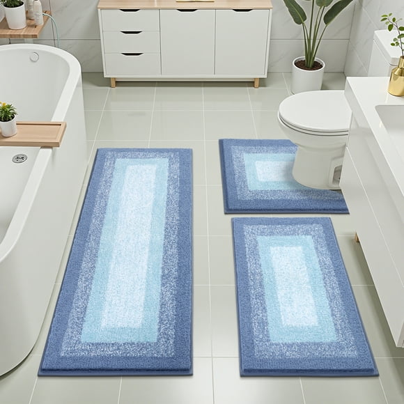 Ileading 3 Piece Bath Rug Set Microfiber Washable Non Slip Bathroom Rug and Mat Set, Light Blue