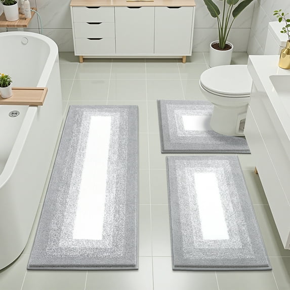 Ileading 3 Piece Bath Rug Set Microfiber Washable Non Slip Bathroom Rug and Mat Set, Light Gray