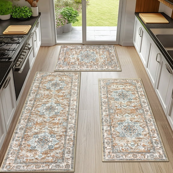 Ileading 3 Pieces Boho Kitchen Rug Sets Non Slip Soft Kitchen Mat Floor Mat for Kitchen, Laundry Room and Hallway