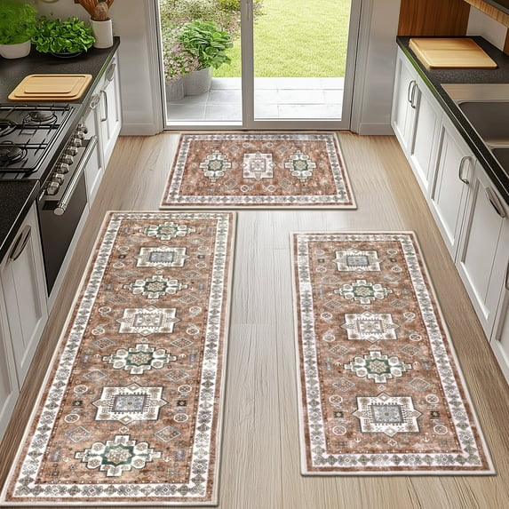 Ileading 3 Pieces Boho Kitchen Rug Sets Non Slip Soft Kitchen Mat Floor Mat for Kitchen, Laundry Room and Hallway