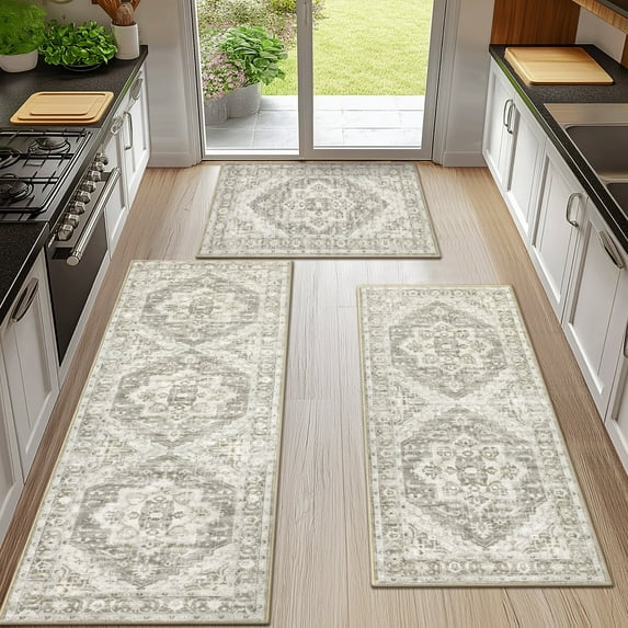 Ileading 3 Pieces Boho Kitchen Rug Sets Non Slip Soft Kitchen Mat Floor Mat for Kitchen, Laundry Room and Hallway