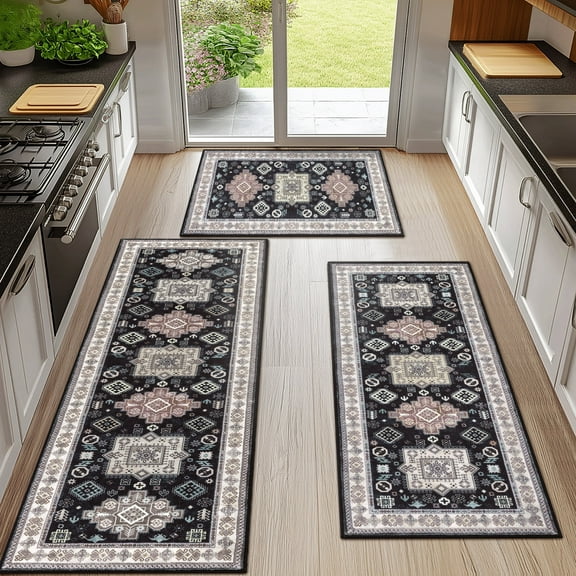 Ileading 3 Pieces Boho Kitchen Rug Sets Non Slip Soft Kitchen Mat Floor Mat for Kitchen, Laundry Room and Hallway