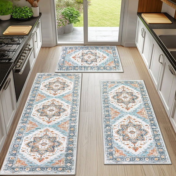 Ileading 3 Pieces Boho Kitchen Rug Sets Non Slip Soft Kitchen Mat Floor Mat for Kitchen, Laundry Room and Hallway