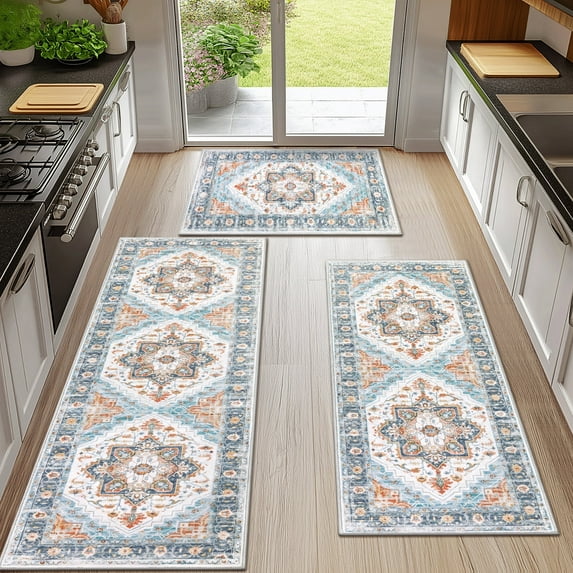Ileading 3 Pieces Boho Kitchen Rug Sets Non Slip Soft Kitchen Mat Floor Mat for Kitchen, Laundry Room and Hallway