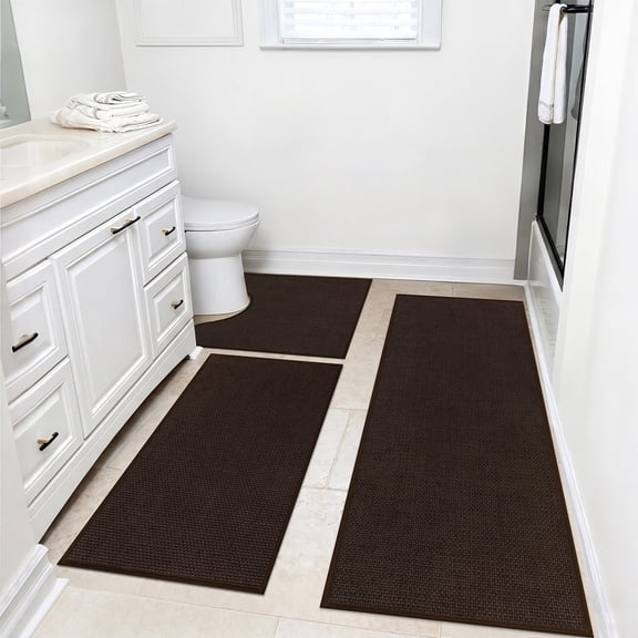Ileading 3pcs Bathroom Rugs Set with U-Shaped Mat, Non Slip, Soft, Absorbent Bath Mats for Tub, Shower, Toilet 18"x26" 18"x48" U Shape 20"x24" Brown