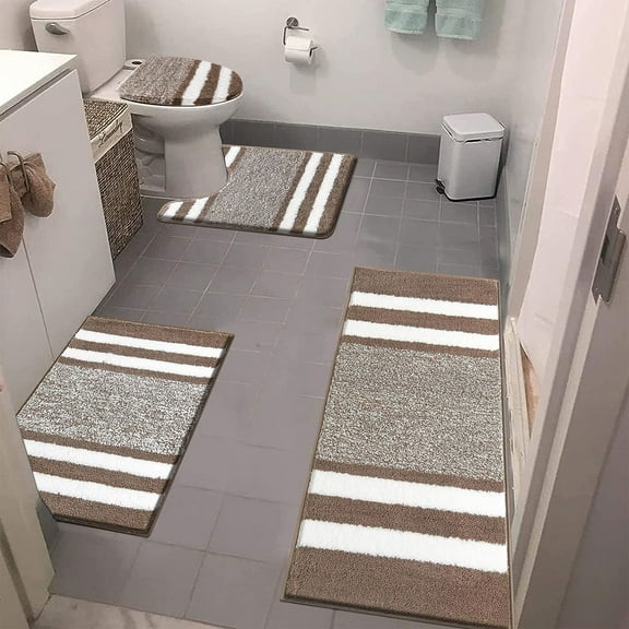 Ileading 4 Piece Microfiber Bathroom Rug Sets with Toilet Lid Cover Non-Slip Bath Rug Sets, Coffee