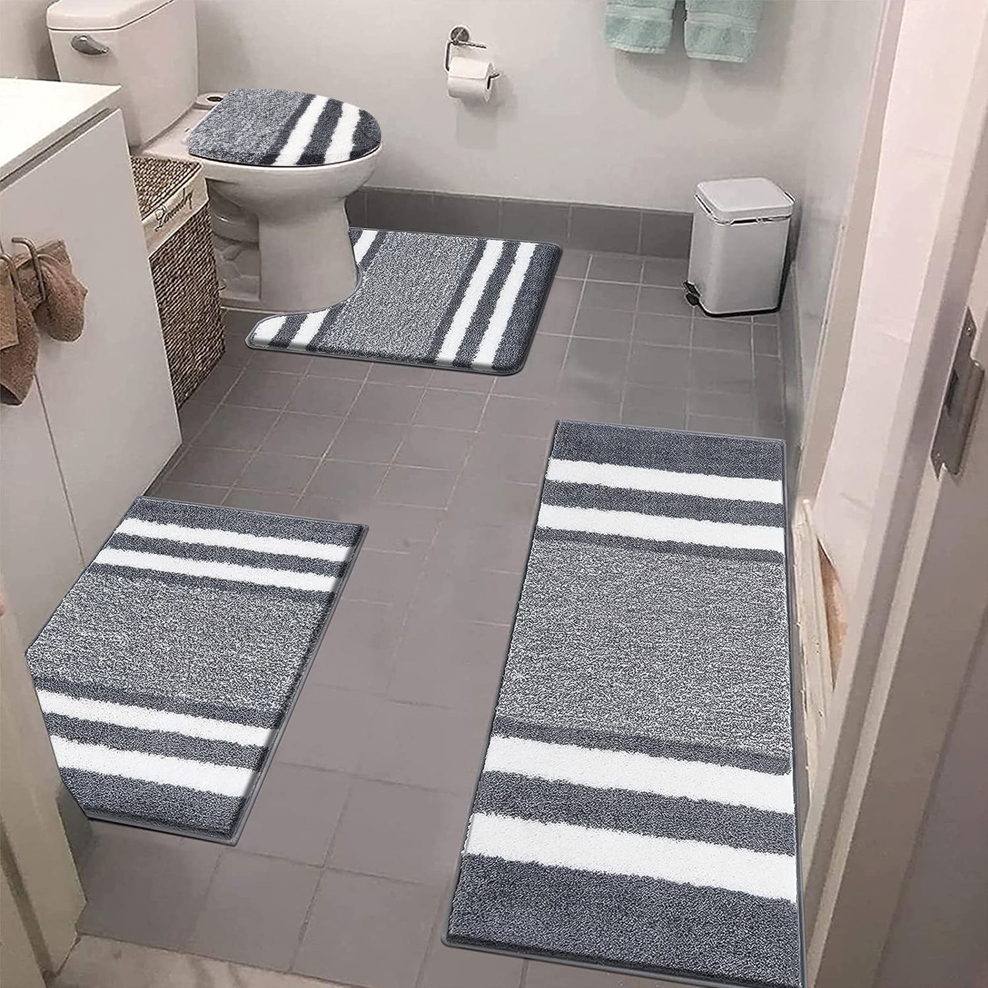 Ileading 4 Piece Microfiber Bathroom Rug Sets with Toilet Lid Cover Non-Slip Bath Rug Sets, Dark Grey