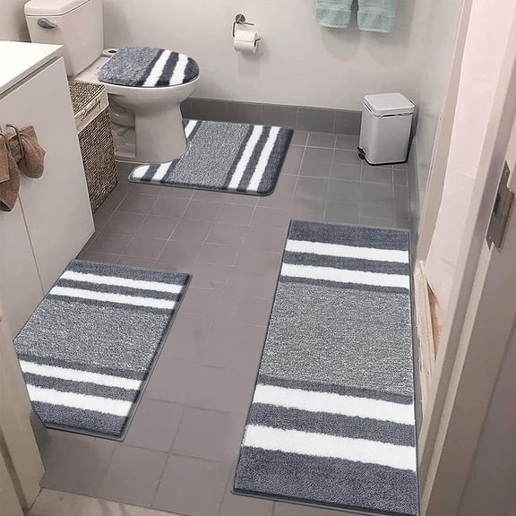 Ileading 4 Piece Microfiber Bathroom Rug Sets with Toilet Lid Cover Non-Slip Bath Rug Sets, Dark Grey