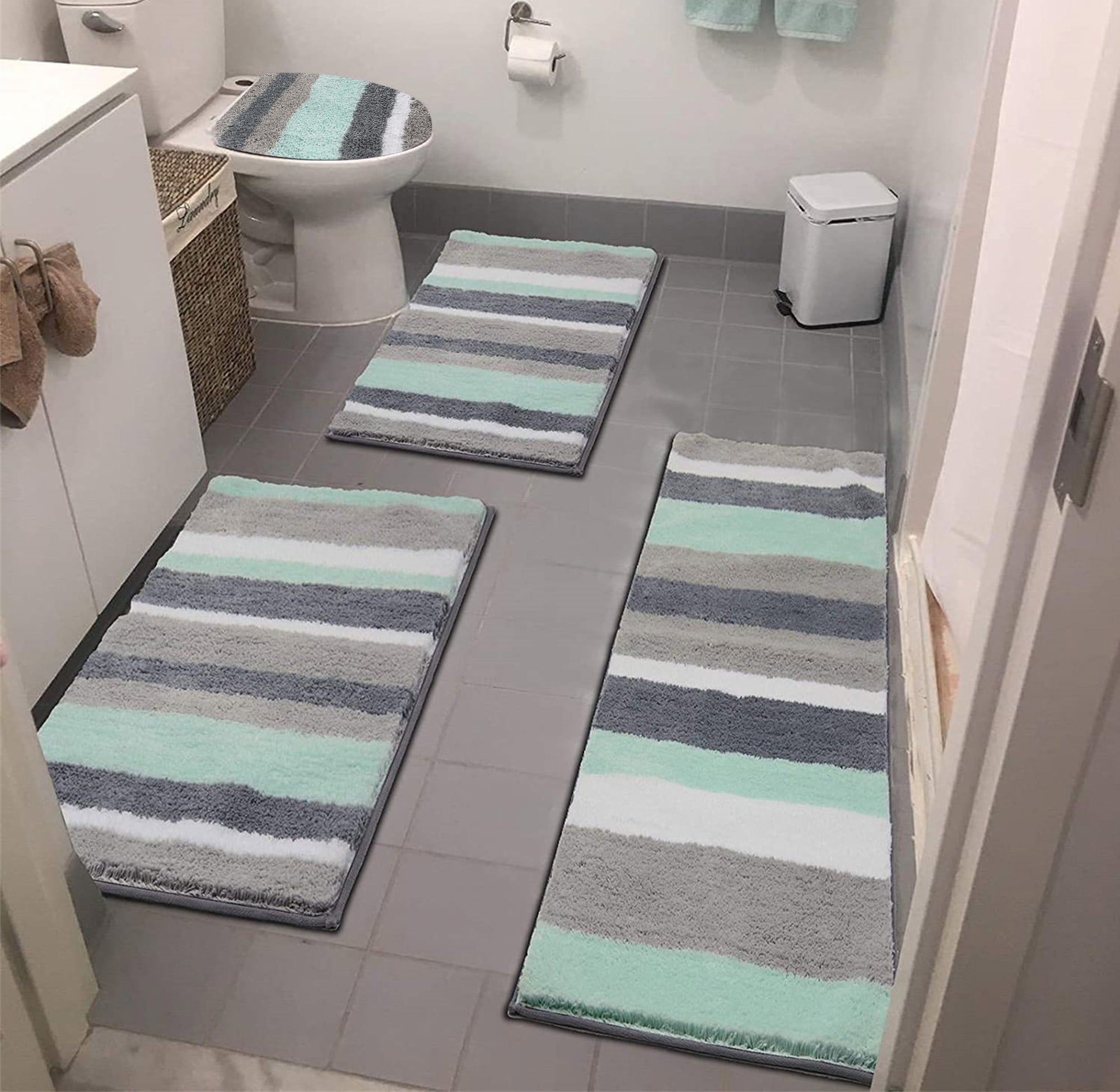 Ileading 4pc Stripe Microfiber Bathroom Rugs, Shag Bath Contour Mat Set